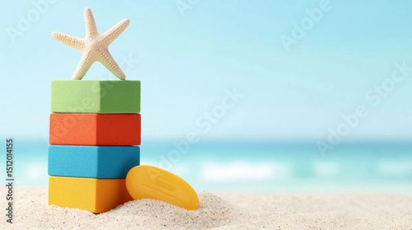 Fototapeta Colorful toy blocks and a starfish on sandy beach with blue sea and sky in the background.