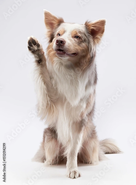 Obraz A Border Collie stands on its hind legs, raising one paw as if playfully waving. The dog's well-groomed fur and expressive face highlight its energetic and friendly personality.