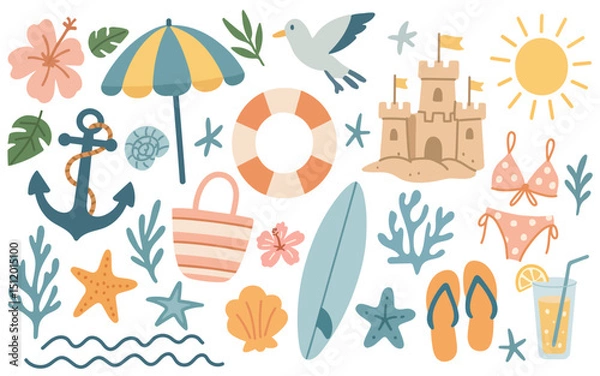 Fototapeta Set of summer illustrations on the marine theme. Beach sticker set. Seagull, anchor, shells, sand castle, swimsuit, cocktail, surfboard. Modern vector illustration in flat hand-drawn style