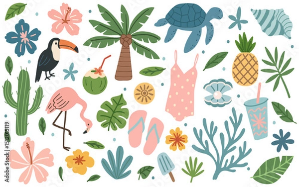 Fototapeta Set of summer illustrations on exotic theme. Beach sticker set. Palm trees, shells swimsuit, tropical leaves, parrots, flamingos, coconut, shells, flowers. Modern vector illustration in flat style