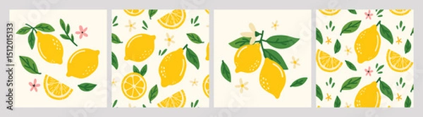 Fototapeta Set of colorful posters with hand drawn lemons, leaves and flowers. Dolce vita aesthetics. Ideal for designing postcards, banners, posters, menus, social media
