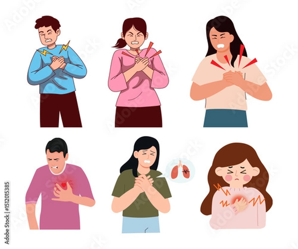 Fototapeta Set illustrations of people experiencing chest pain isolated on transparent background
