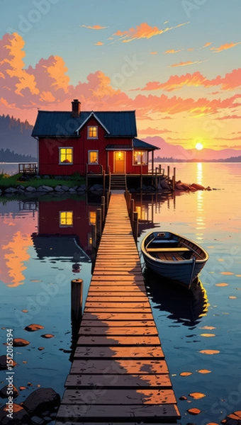 Obraz Red house on a lake with a dock and boat at sunset, peaceful scene