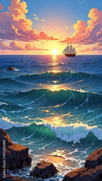 Obraz Sailboat on the ocean at sunset with waves and rocky coastline