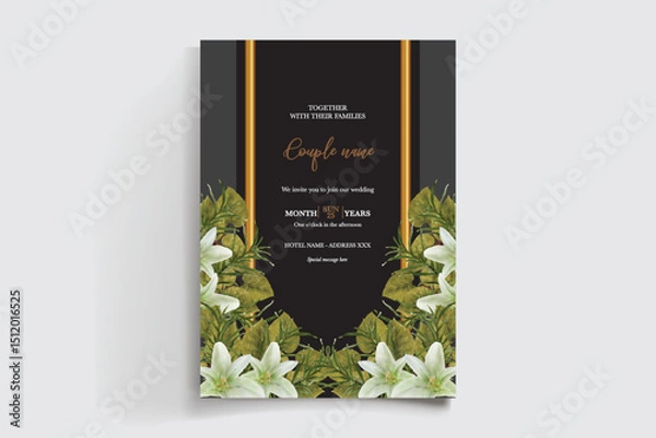 Fototapeta WEDDING INVITATION FRAME WITH FLOWER DECORATIONS AND FRESH LEAVES