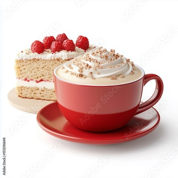 Fototapeta Red coffee cup with whipped cream and a slice of raspberry cake on a wooden plate, white background.