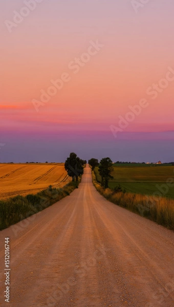 Obraz Dirt road leading through fields at sunset with colorful sky