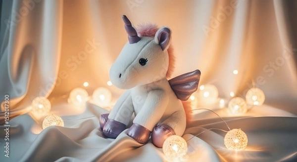 Obraz Cute Plush Unicorn Toy with Fairy Lights on Silky Fabric Background