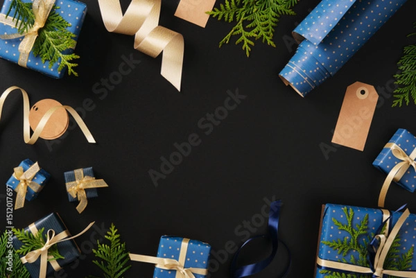 Obraz Frame of blue gifts with gold ribbons, brown paper tags, green thuja branches on black background. Space for your text.
