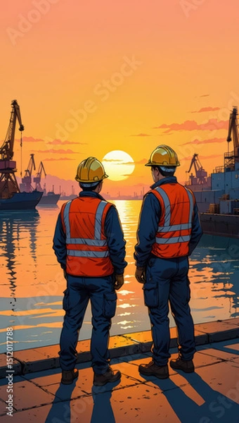 Obraz Two construction workers watching sunset at the harbor docks