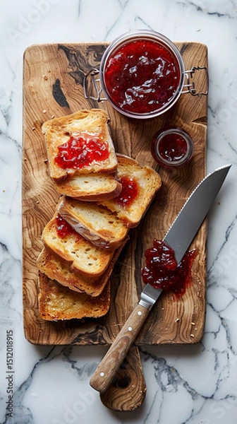 Fototapeta Toasted slices of bread, thin, crispy with strawberry jam, strawberry jam in glass jar next to an old knife. On wooden old board.