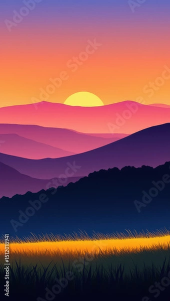 Fototapeta Vibrant sunset over layered mountain landscape with golden field