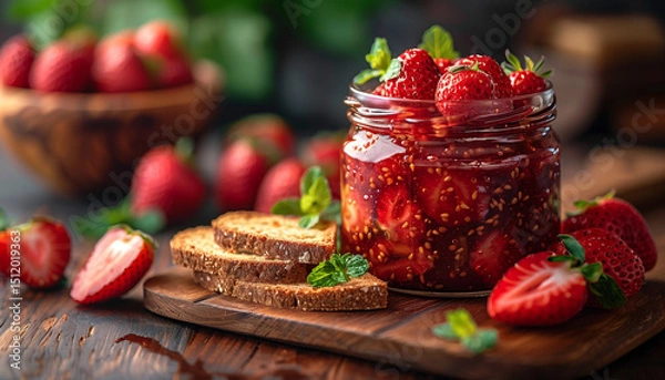 Fototapeta Strawberry jam in glass jars on a wooden table. Pieces of loaf and fresh, fragrant strawberries