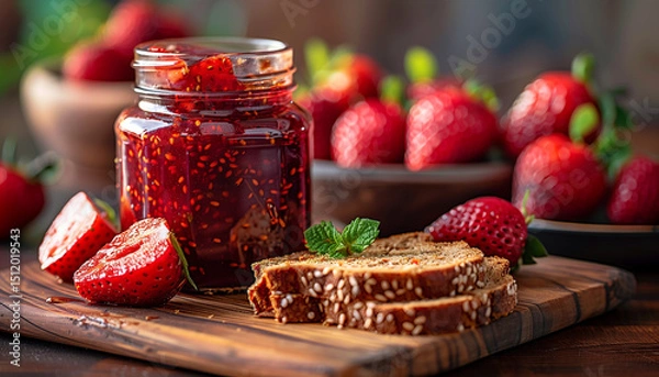 Fototapeta Strawberry jam in glass jars on a wooden table. Pieces of loaf and fresh, fragrant strawberries