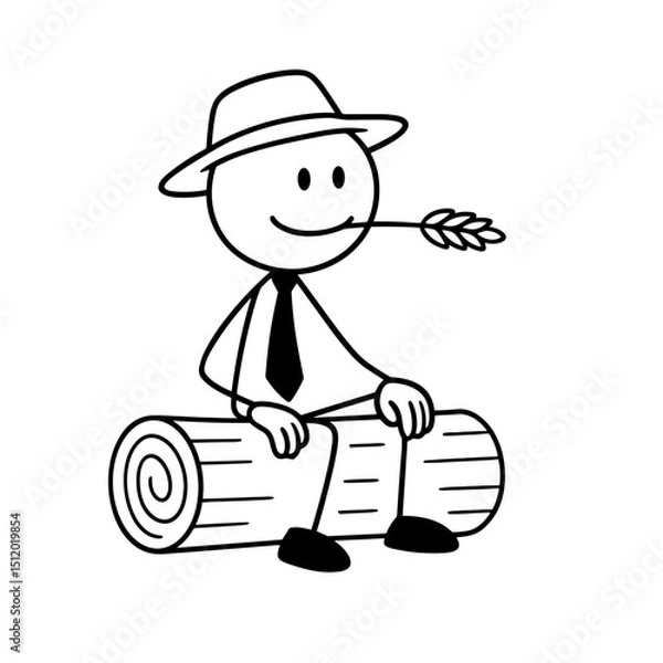 Obraz Stick figure farmer sitting on log with wheat in mouth
