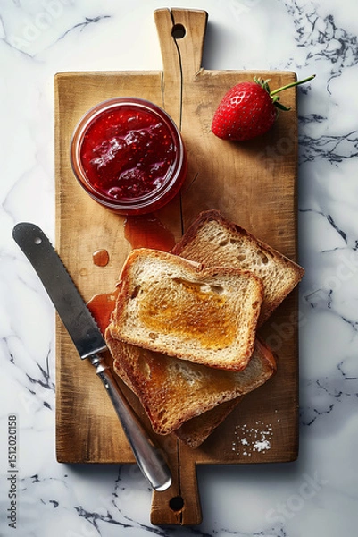 Fototapeta Toasted slices of bread, thin, crispy with strawberry jam, strawberry jam in glass jar next to an old knife. On wooden old board.