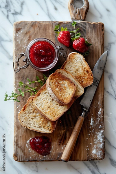 Fototapeta Toasted slices of bread, thin, crispy with strawberry jam, strawberry jam in glass jar next to an old knife. On wooden old board.