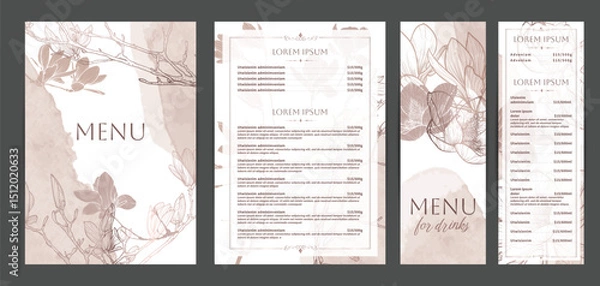 Obraz Colorful food and drinks menu designs. Restaurant menu template. Beautiful vector A4 format with high quality flowers for print and online usage. Pastel hand drawn line art magnolia illustrations. 