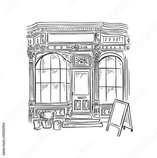 Fototapeta Shop front drawing in black and white with an A board out the front.