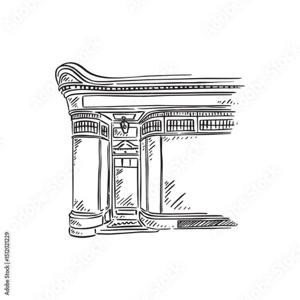 Fototapeta A line drawn traditional shop front in black and white with an arched frontage in Art Deco style. Vector hand drawn.