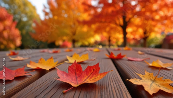 Obraz Colorful autumn maple leaves on a wooden deck in the fall season