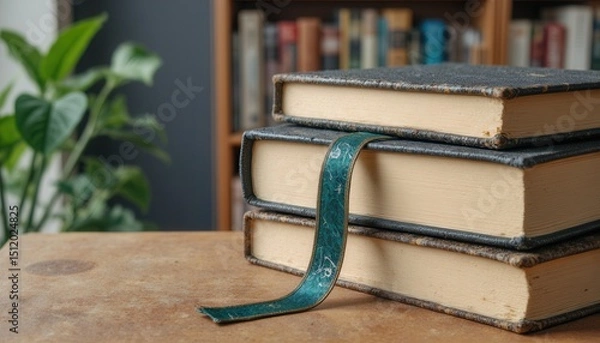 Fototapeta Stack of vintage books with bookmark on rustic table