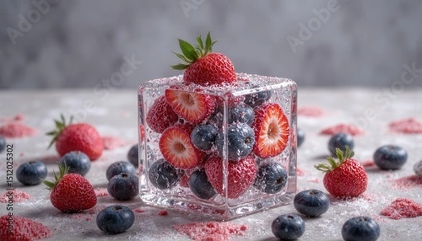 Fototapeta Fresh strawberries blueberries in ice cube with dewdrops