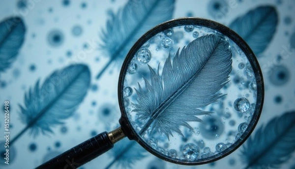 Fototapeta Feather magnifying glass with water droplets creating abstract pattern