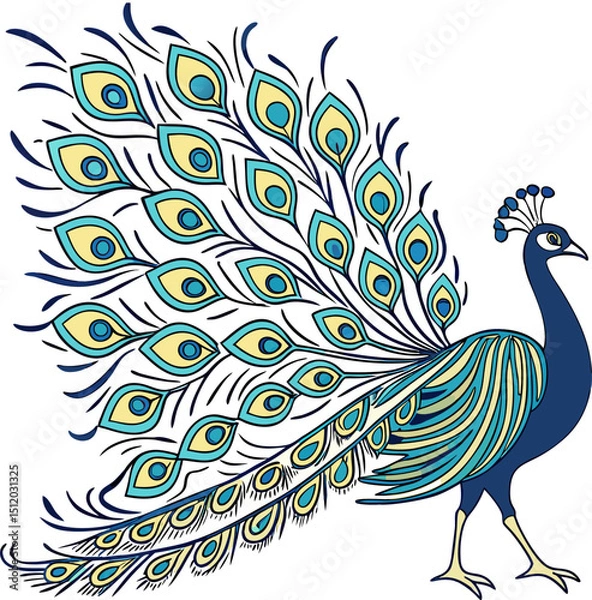 Fototapeta Elegant Peacock with Colorful Feathers in Vector Line Art Style