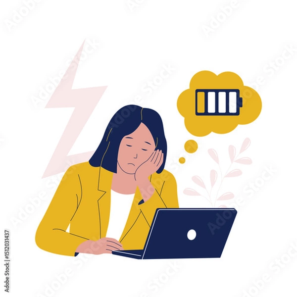 Obraz Burnout Illustration of Tired Woman Working on Laptop with Low Battery Symbol. Illustrations for websites, landing pages, mobile apps, posters and banners