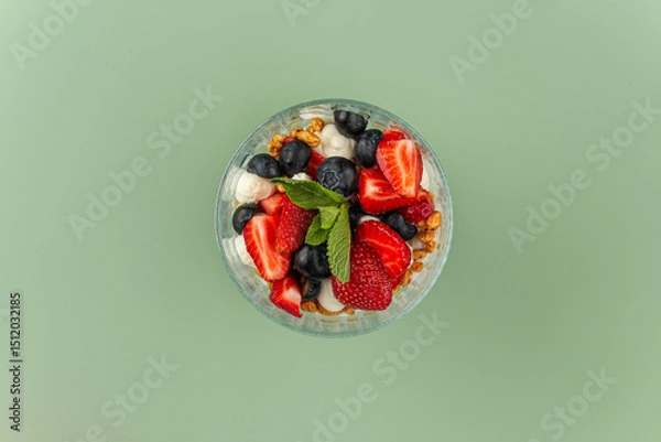 Fototapeta Top view on sweet appetizing layered desserd with berries