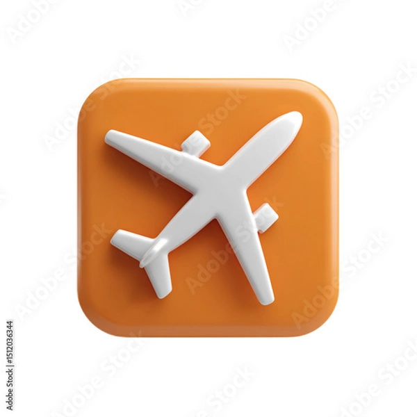 Obraz White airplane icon on orange square background representing travel, transport, vacation, journey, and tourism in a modern graphic design style