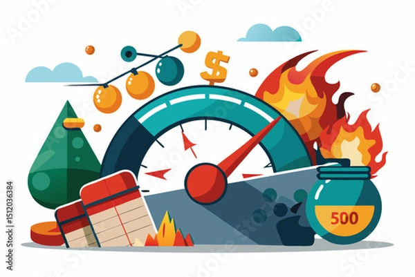 Obraz A close-up image of a person using a calculator while holding a credit card, symbolizing financial management, rising interest rates, and digital banking. Futuristic graphics including upward arrows, 