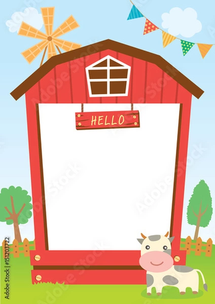 Fototapeta Barn frame template with cow on farm.
