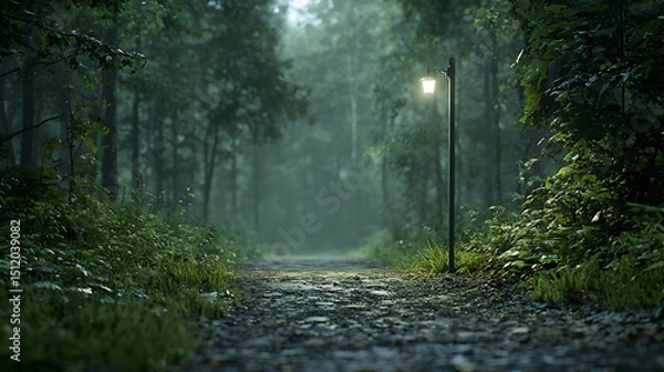 Obraz Misty Forest Path With Lamp Post