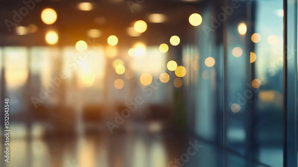 Fototapeta An abstract blurred background of a modern office interior, with golden bokeh lights from a window overlooking a city at sunset