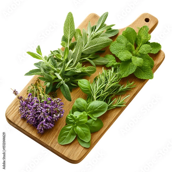 Fototapeta A top-view flat-lay of fresh herbs like rosemary, basil, and mint, a collection of aromatic ingredients for healthy cooking