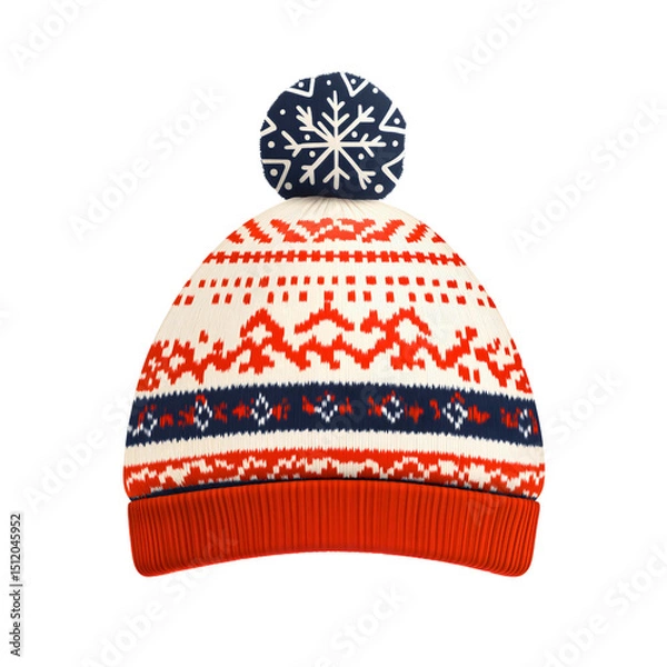 Fototapeta An isolated knitted winter beanie with a traditional Nordic snowflake pattern and a pom-pom, a cozy red and white festive holiday accessory