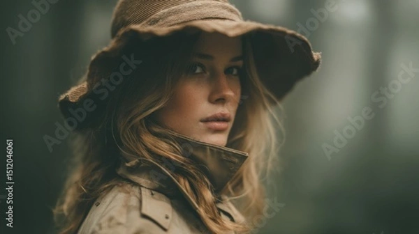 Fototapeta Portrait of a Woman in a Brown Hat and Coat in a Forest