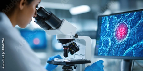 Fototapeta Personalized medical technology advances as scientist examines cell samples under microscope in laboratory setting for research innovation