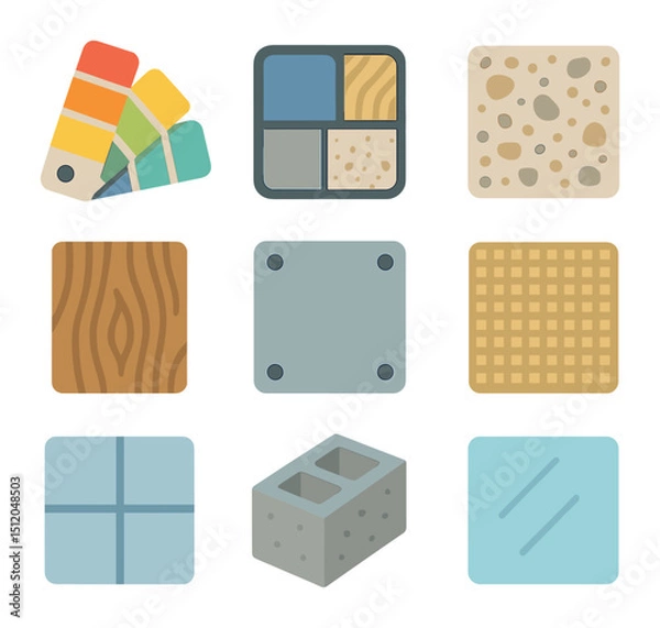 Fototapeta Architectural Palette Icons. Flat icon set of color and material palettes in architecture: paint swatch fan,