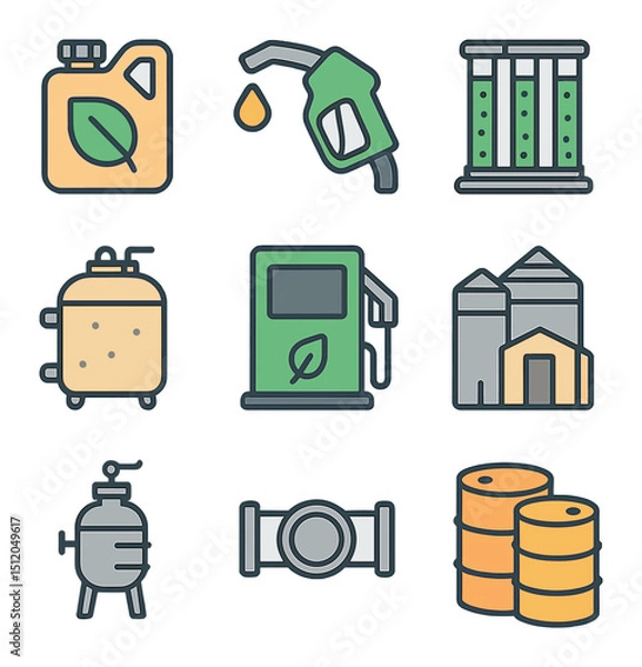 Fototapeta Biofuel Production Icons. Flat icon set of biofuel production: bioethanol container, biodiesel nozzle, algae