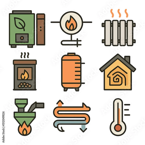 Fototapeta Biomass Heating Solutions. Flat icon set of biomass heating solutions: biomass boiler, central heating icon,