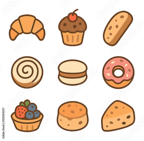 Fototapeta Cozy Café Treats. Flat icon set of cozy café treats: croissant, muffin, slice of cake, biscotti, cinnamon roll