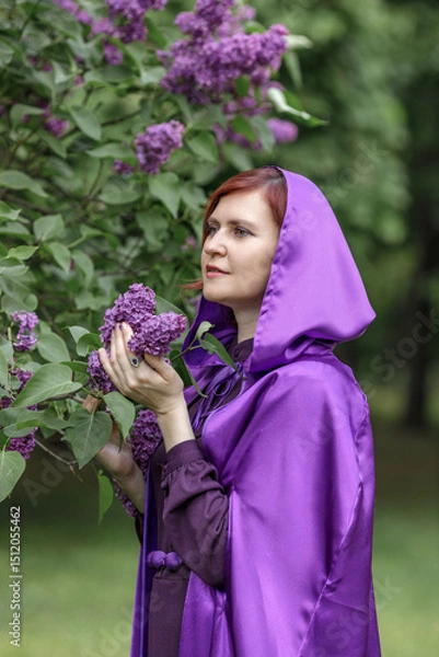 Fototapeta A beautiful young woman with red hair, against a background of blooming lilacs, in a cloak and hood. Medieval fantasy costume. Fairy tale heroine, princess, duchess.