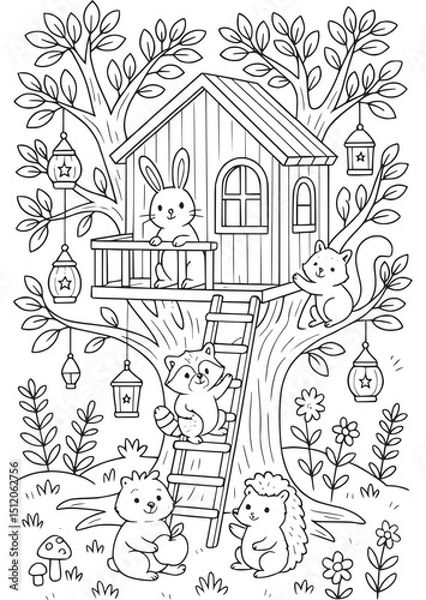 Fototapeta A cozy treehouse with hanging lanterns and animals playing, coloring page for kids, teens, and adults