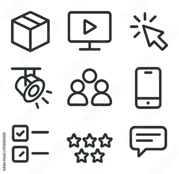 Fototapeta Product Demo Icons. Outline icon set of product demo session: product box, screen play button, pointer click, spotlight, audience