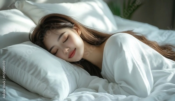 Obraz A young Asian woman peacefully sleeping on a white bed, surrounded by soft pillows and natural light, creating a serene and tranquil atmosphere in a cozy bedroom setting.