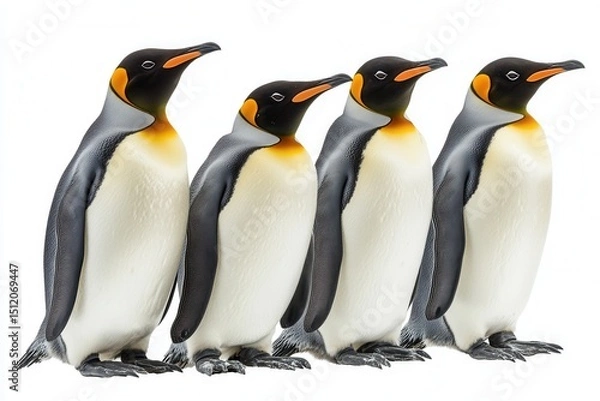 Obraz Four Adult Male Emperor Penguins Standing in a Row, Showcasing Their Iconic Black and White Plumage with Bright Orange Accents Against a White Background
