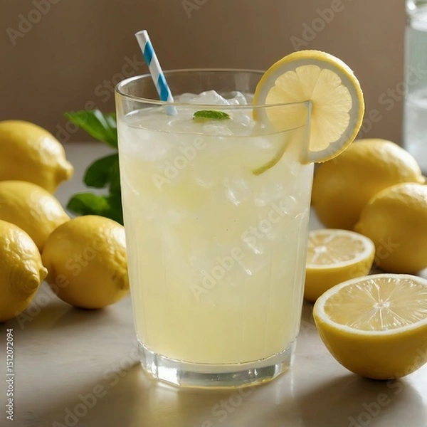 Fototapeta lemonade with lemon and mint in white background design 